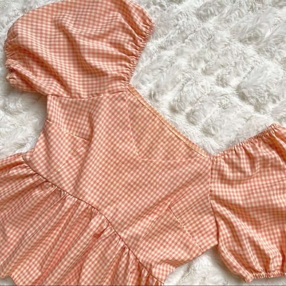 Shein Apricot Gingham Puff Sleeve Peplum Top - Picture 5 of 16